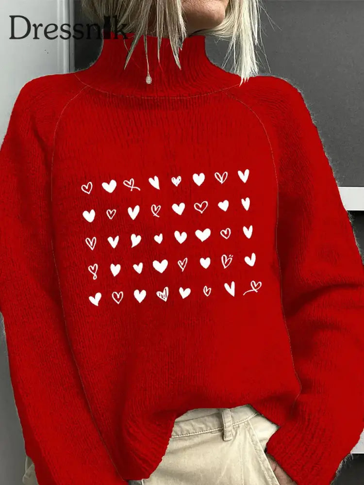 Damen Mode Retro Valentinstag Liebe Kunstdruck Roll Kragen Pullover Langarm A / S