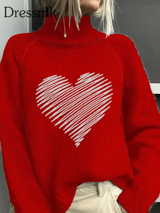 Damen Mode Retro Valentinstag Liebe Kunstdruck Roll Kragen Pullover Langarm A / S