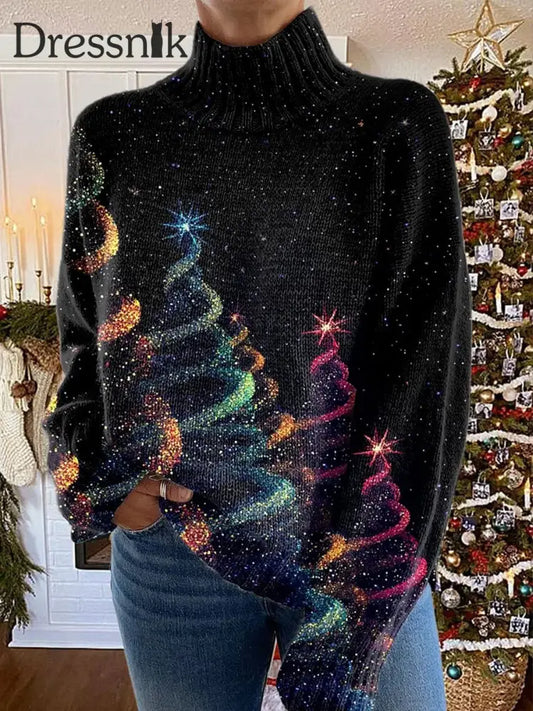 Damen Mode Retro Weihnachts Baum Kunst Druck Roll Kragen Pullover Langarm A / S