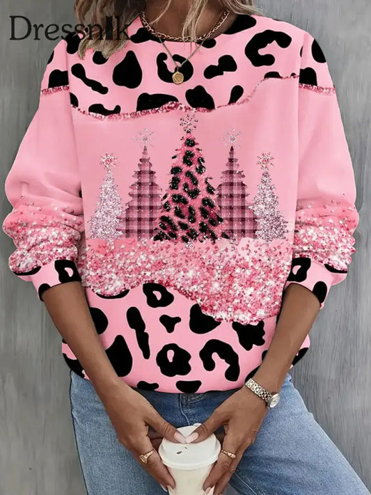 Damen Mode Retro Weihnachts Baum Kunst Druck Rundhals Langarm Sweatshirt A / S