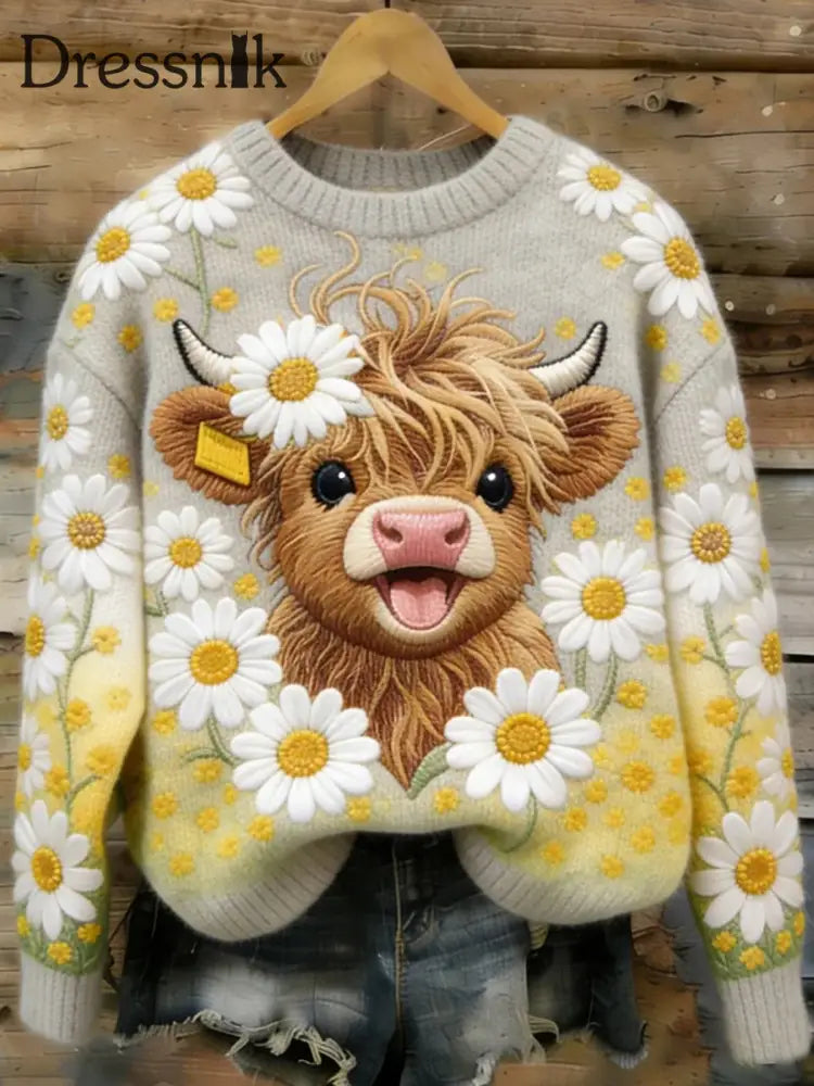 Damen niedliche Highland Kuh Blumen kunst Gemütliche Pullover als bild / S