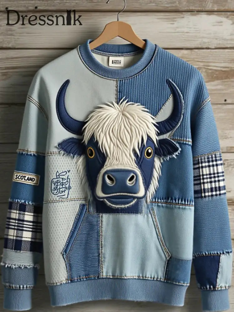 Damen niedliche Highland Kuh Langarm Denim Patchwork Übergroßes Sweatshirt als bild / S