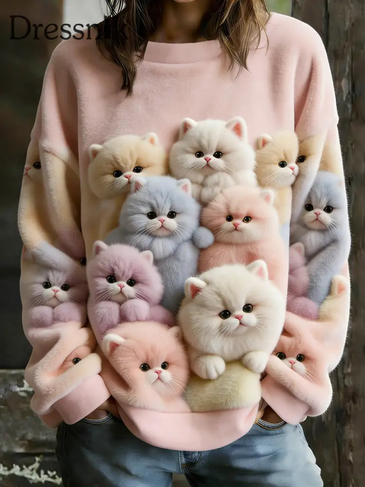 Damen niedliche Katze Kunst Flanell Hoodie Rosa / S