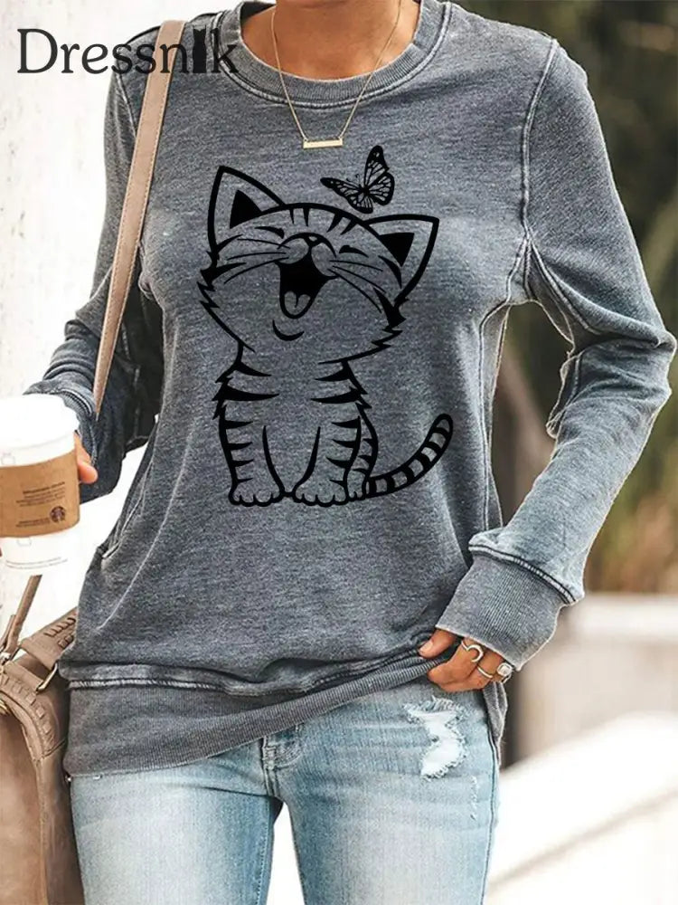 Damen niedliche Katze Print Katze Liebhaber Katze Mama Geschenk Casual Sweatshirt Grau / S