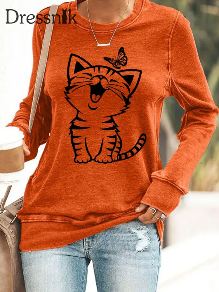 Damen niedliche Katze Print Katze Liebhaber Katze Mama Geschenk Casual Sweatshirt Orange / S