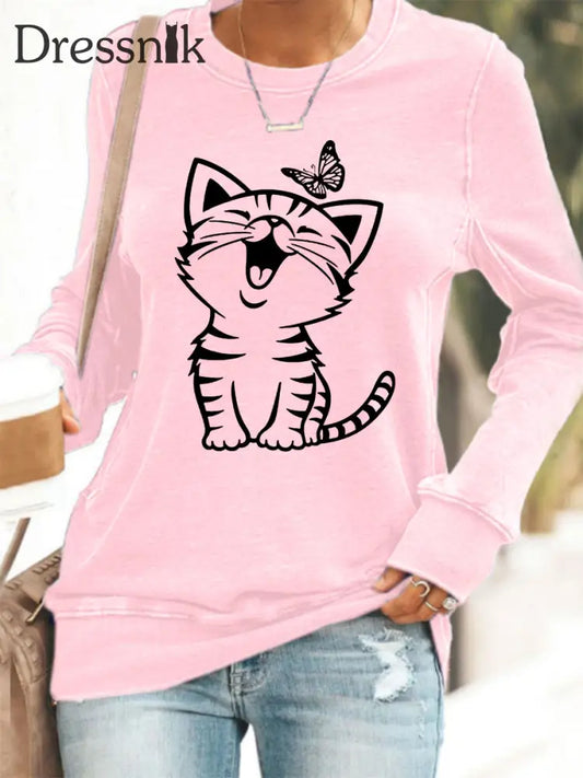 Damen niedliche Katze Print Katze Liebhaber Katze Mama Geschenk Casual Sweatshirt Rosa / S