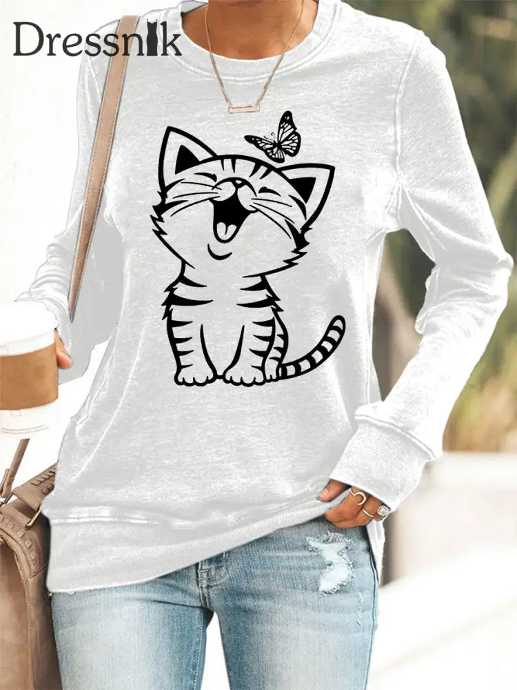 Damen niedliche Katze Print Katze Liebhaber Katze Mama Geschenk Casual Sweatshirt Weiß / S