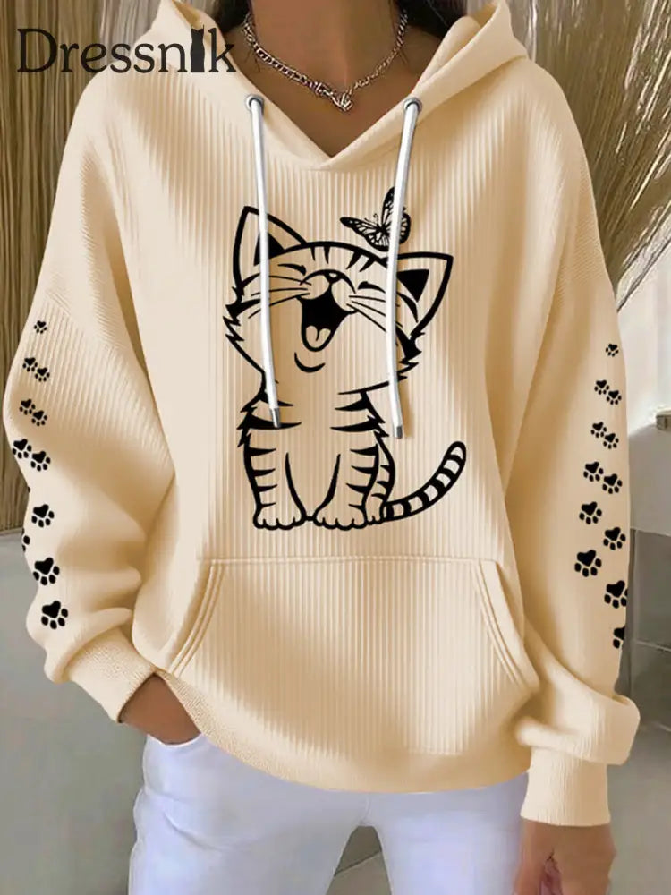 Damen niedliche Katze Print Katze Mama Katze Liebhaber Casual Hoodie Aprikose / S