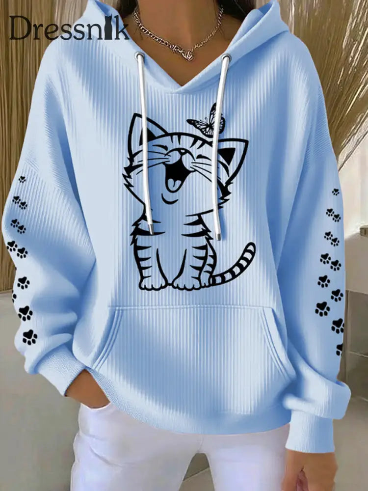 Damen niedliche Katze Print Katze Mama Katze Liebhaber Casual Hoodie Hellblau / S