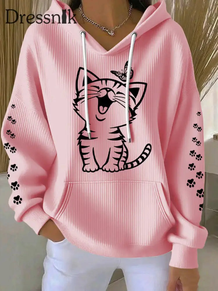 Damen niedliche Katze Print Katze Mama Katze Liebhaber Casual Hoodie Rosa / S