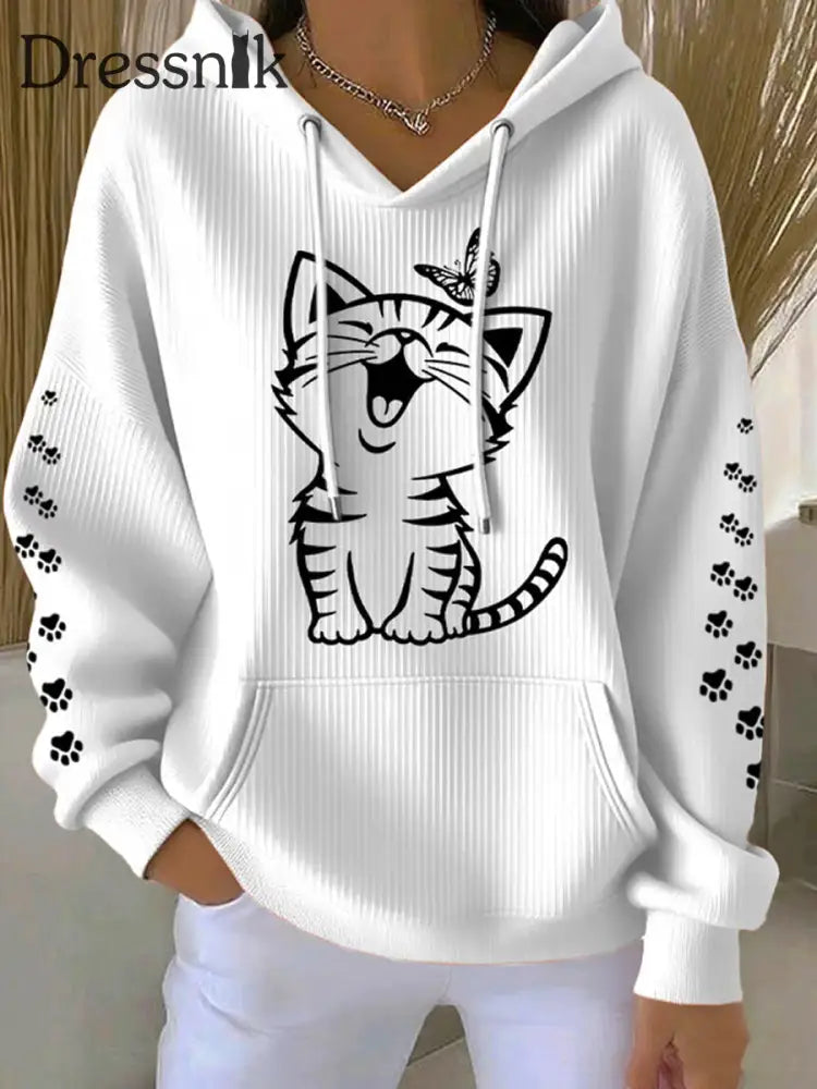 Damen niedliche Katze Print Katze Mama Katze Liebhaber Casual Hoodie Weiß / S