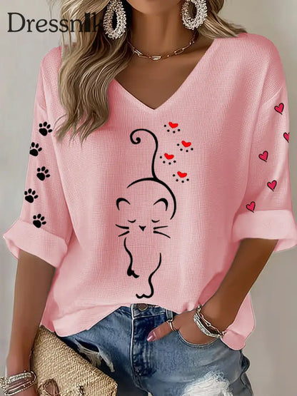 Damen niedliche Katze Print Katze Mama Katze Liebhaber lässig lang ärmel iges T-Shirt Rosa / S