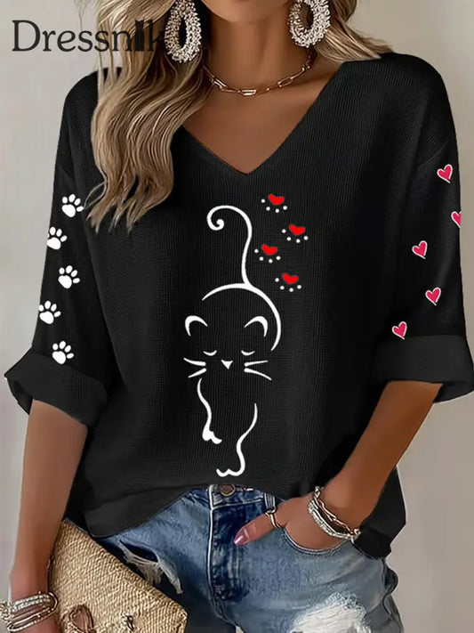 Damen niedliche Katze Print Katze Mama Katze Liebhaber lässig lang ärmel iges T-Shirt Schwarz / S