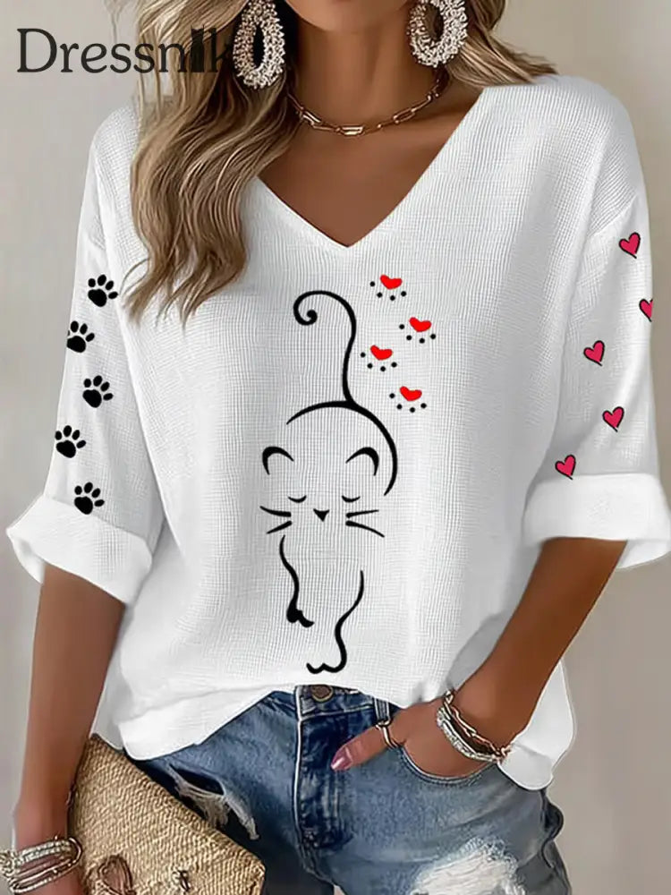 Damen niedliche Katze Print Katze Mama Katze Liebhaber lässig lang ärmel iges T-Shirt Weiß / S