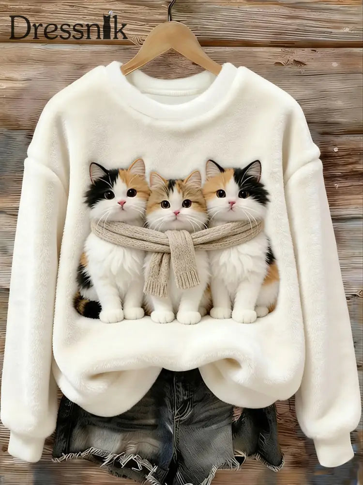 Damen niedliche Katzen Flanell Sweatshirt Weiß / S