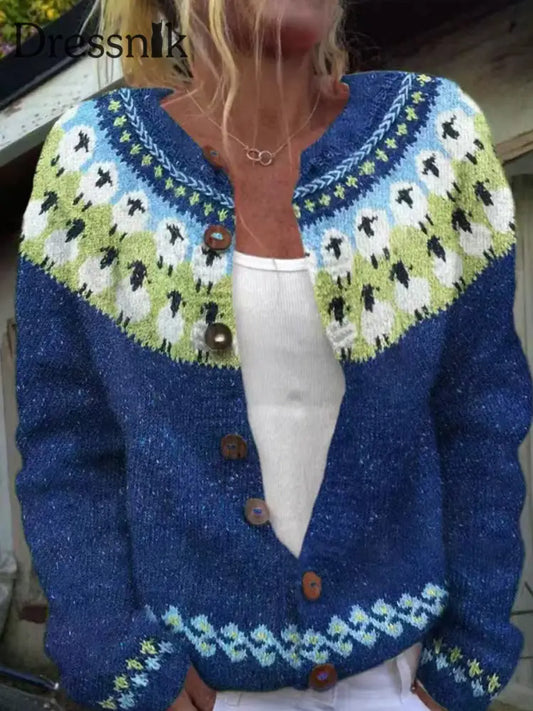 Damen niedliche tierische isländische Pullover mit Knopf Strickjacke klobig Strick pullover blau / S