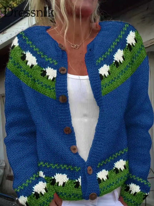 Damen niedliche tierische isländische Pullover mit Knopf Strickjacke klobig Strick pullover blau / S