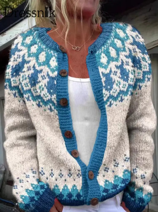 Damen niedliche tierische isländische Pullover mit Knopf Strickjacke klobig Strick pullover blau / S
