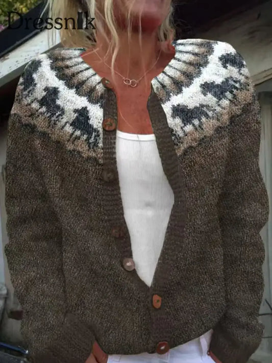 Damen niedliche tierische isländische Pullover mit Knopf Strickjacke klobig Strick pullover Kaffee / S
