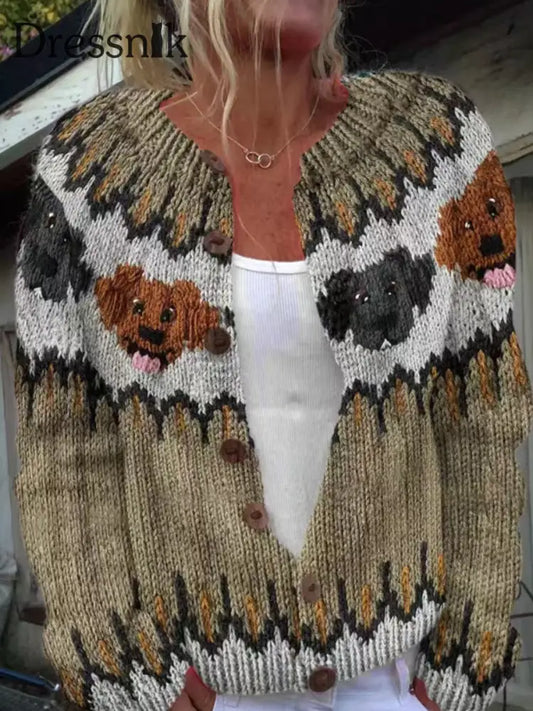 Damen niedliche tierische isländische Pullover mit Knopf Strickjacke klobig Strick pullover Khaki / S