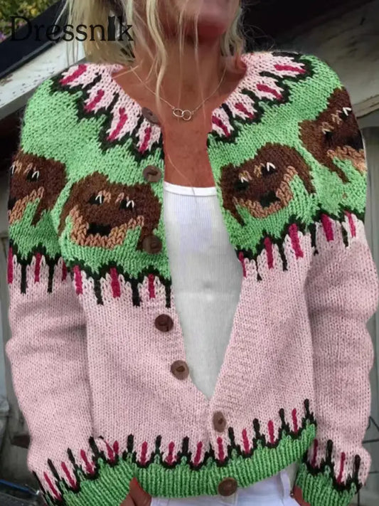 Damen niedliche tierische isländische Pullover mit Knopf Strickjacke klobig Strick pullover Rosa / S