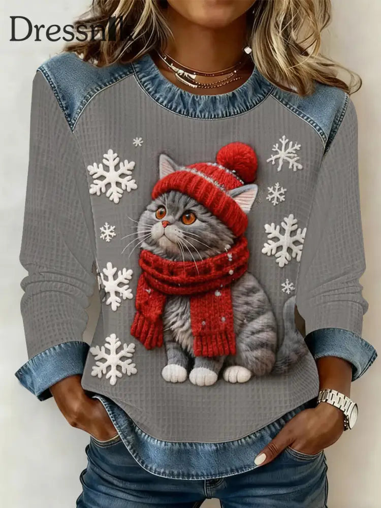 Damen niedliche Weihnachts katze Denim Patchwork Top Grau / S