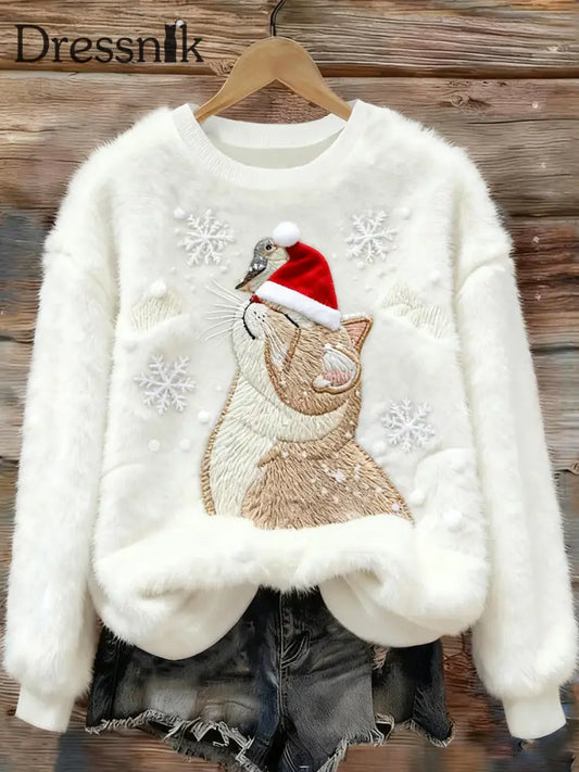 Damen niedliche Weihnachts katze Kunstdruck Casual Flanell Pullover Weiß / S