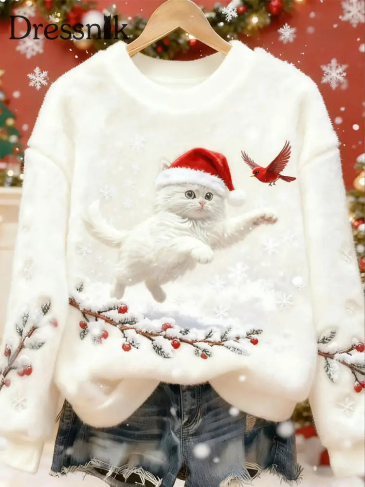 Damen niedliche Weihnachts katze Kunstdruck Casual Flanell Pullover Weiß / S
