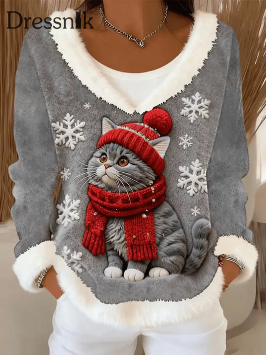 Damen niedliche Weihnachts katze Kunstdruck Casual Top Grau / S