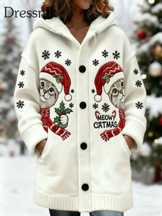 Damen niedliche Weihnachts katzen druck lässig mittellange Kapuzen strickjacke Cremig-Weiß / S