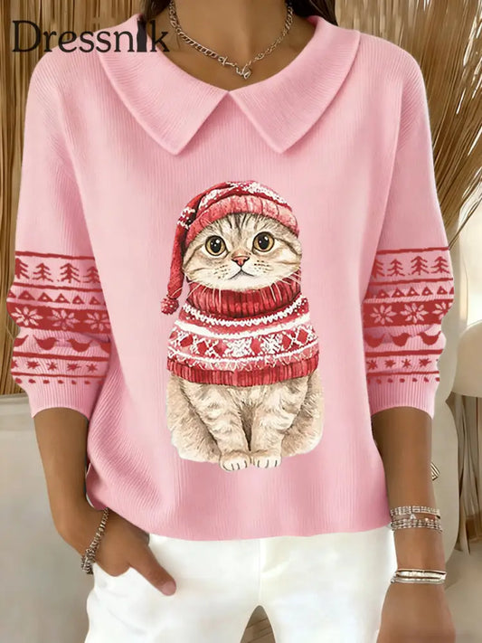 Damen niedliche Weihnachtskatze-Print-Katzen liebhaber lässig Baby-Puppen-Kragen-Top Rosa / S