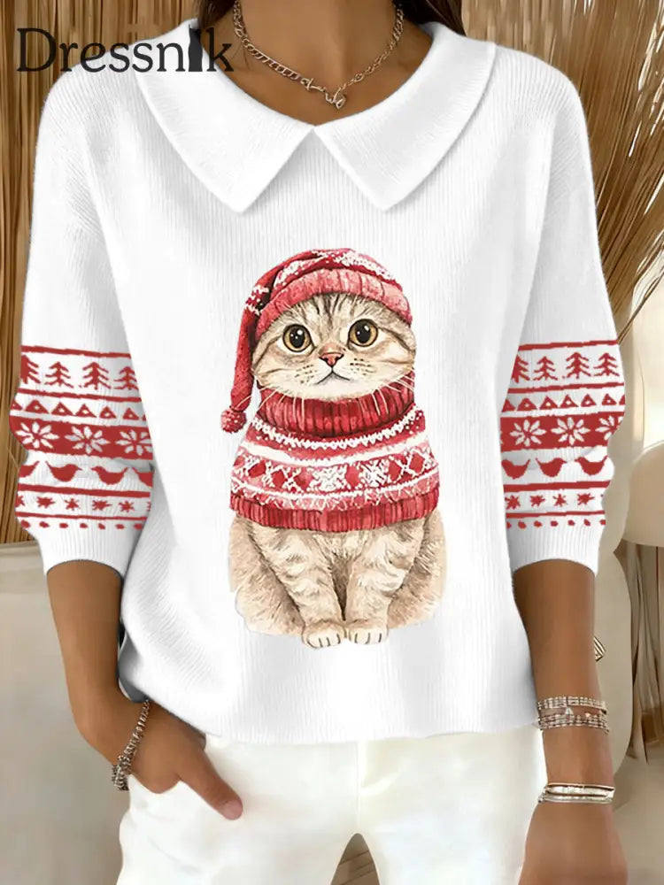 Damen niedliche Weihnachtskatze-Print-Katzen liebhaber lässig Baby-Puppen-Kragen-Top Weiß / S