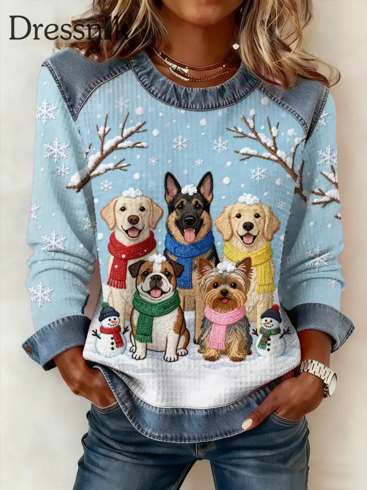 Damen niedliche Winter hunde drucken Hunde liebhaber lässig Sweatshirt hellblau / S