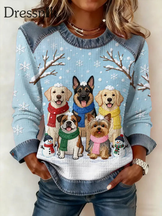Damen niedliche Winter hunde drucken Hunde liebhaber lässig Sweatshirt hellblau / S