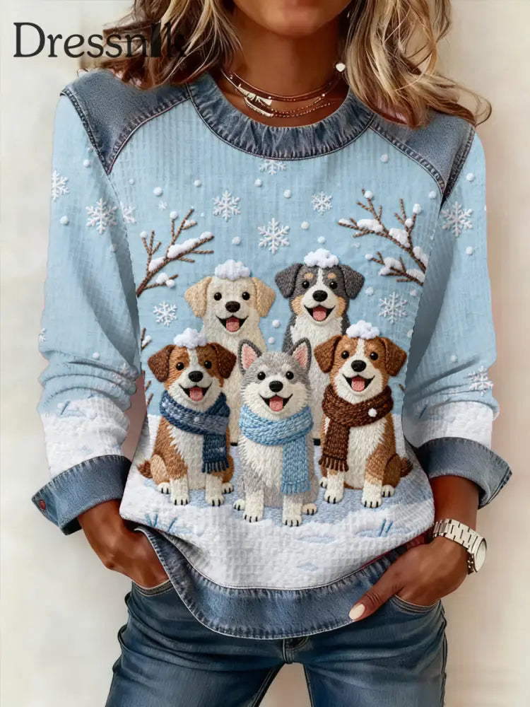 Damen niedliche Winter hunde drucken Hunde liebhaber lässig Sweatshirt hellblau / S