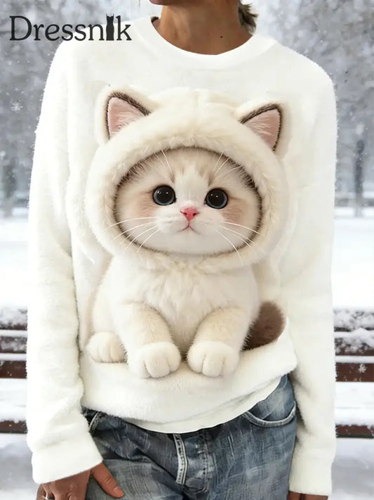 Damen niedliche Winter Katze Flanell Sweatshirt Weiß / S