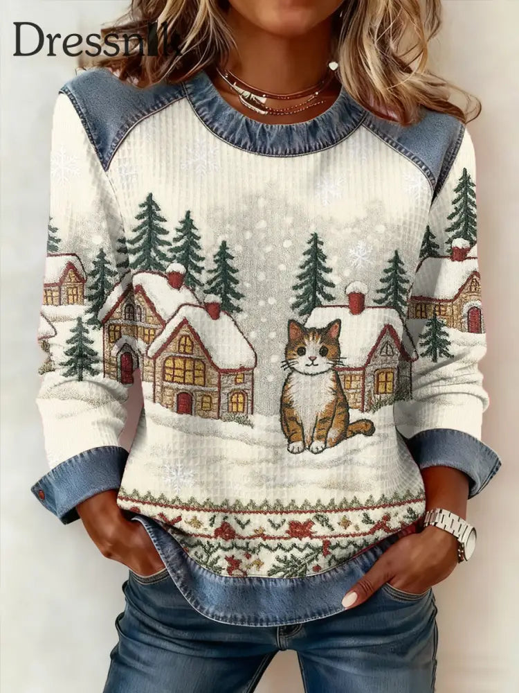 Damen niedliche Winter Katze Print Katze Liebhaber lässig Sweatshirt Aprikose / S