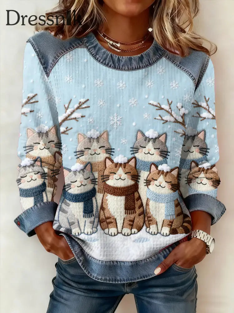 Damen niedliche Winter Katze Print Katze Liebhaber lässig Sweatshirt hellblau / S