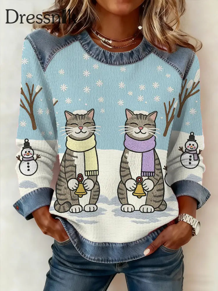Damen niedliche Winter Katze Print Katze Liebhaber lässig Sweatshirt hellblau / S