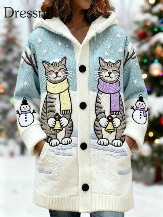 Damen niedliche Winter katzen druck lässig mittellange Kapuzen strickjacke hellblau / S