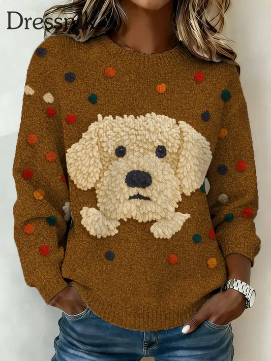 Damen niedlicher Hunde druck Casual Pullover Braun / S