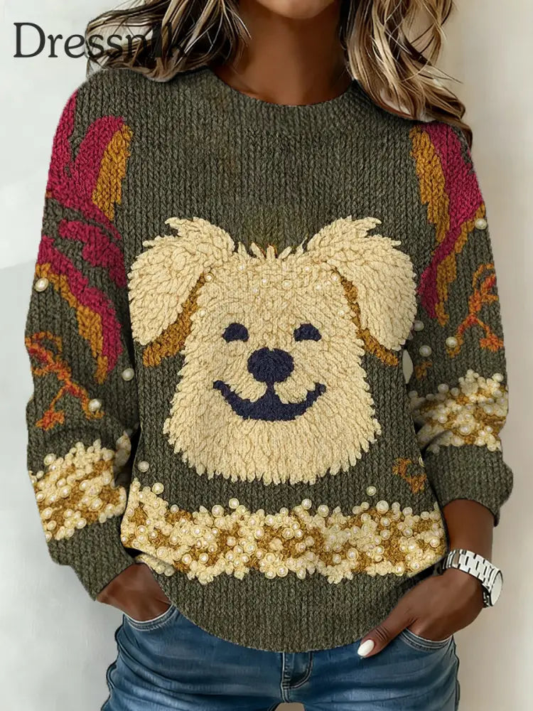 Damen niedlicher Hunde druck Casual Pullover Dunkelgrün / S