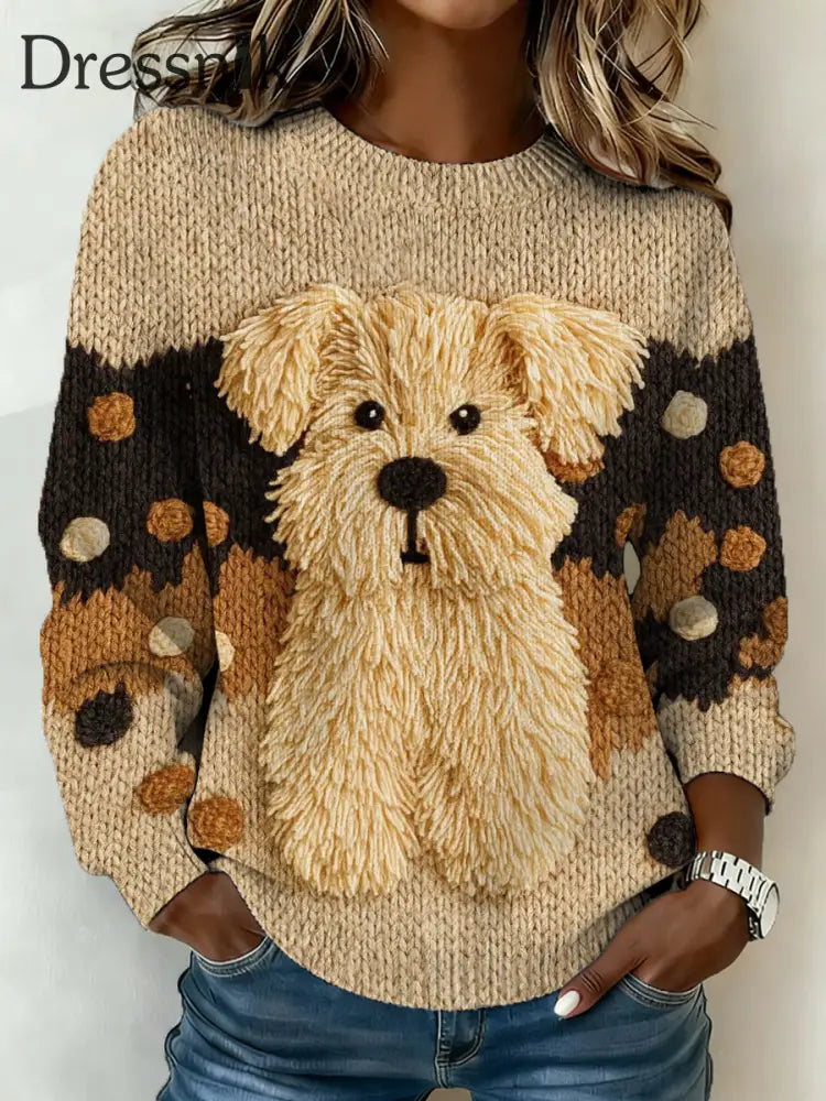 Damen niedlicher Hunde druck Casual Pullover Khaki / S