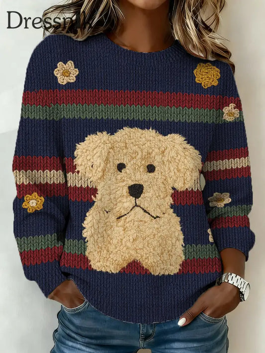 Damen niedlicher Hunde druck Casual Pullover Marineblau / S