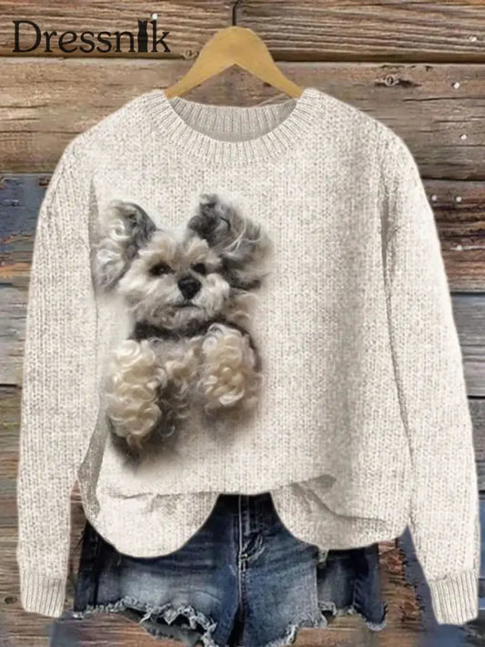 Damen niedlicher Strick Hund mit Rundhals ausschnitt gemütlicher Pullover als bild / S