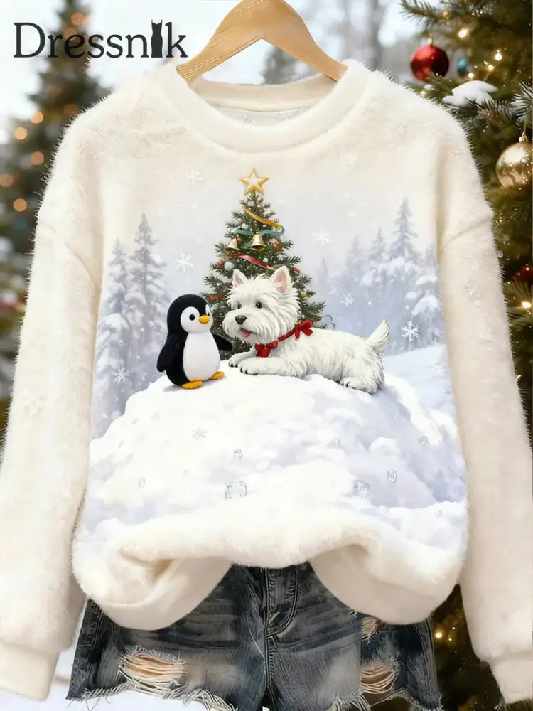 Damen niedlicher Weihnachts hund Kunst Flanell Hoodie Weiß / S