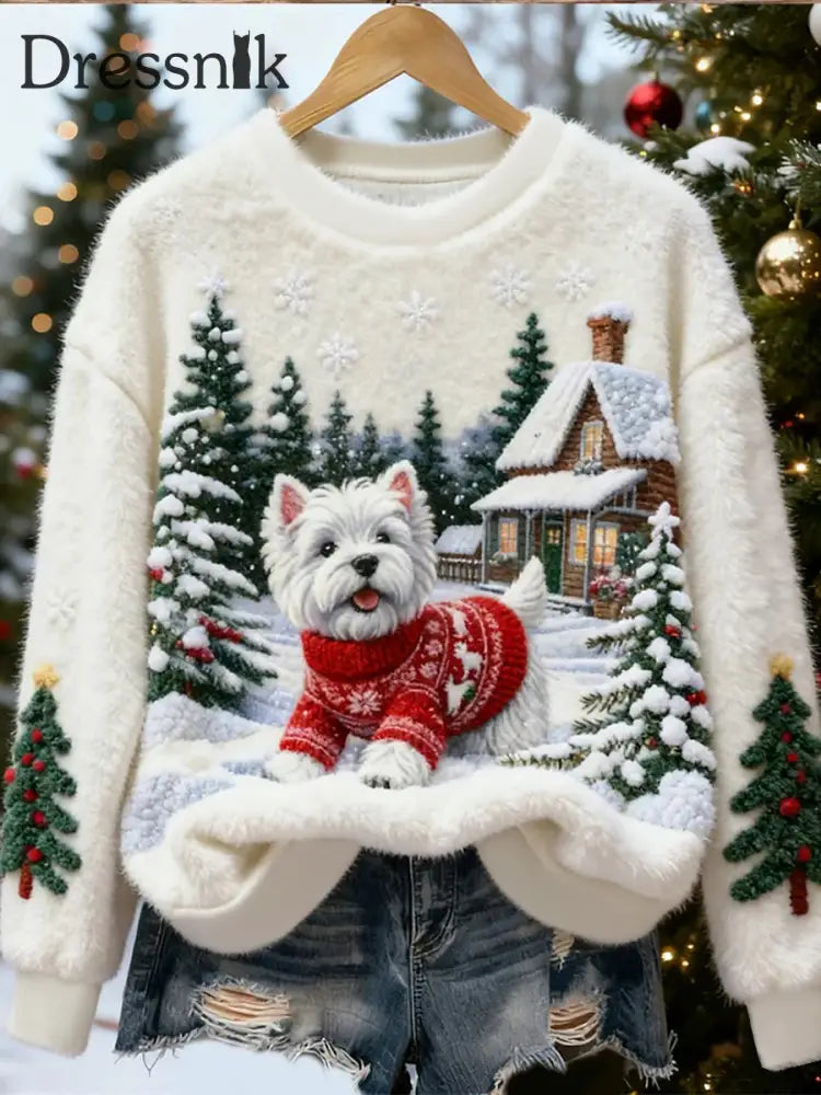 Damen niedlicher Weihnachts hund Kunstdruck Casual Flanell Pullover als bild / S