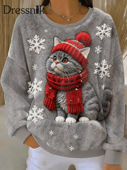 Damen niedlicher Weihnachts katzen Kunstdruck Casual Flanell Hoodie Grau / S