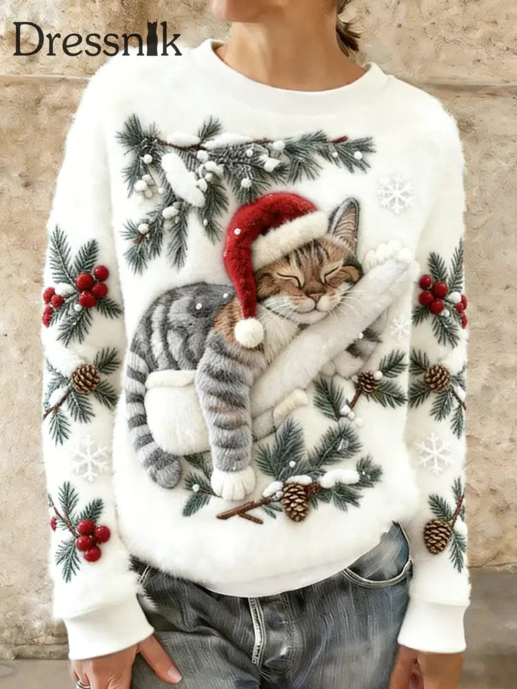 Damen niedlicher Weihnachts katzen Kunstdruck Casual Flanell Hoodie Weiß / S