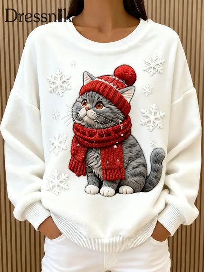 Damen niedlicher Weihnachts katzen Kunstdruck Casual Flanell Hoodie Weiß / S